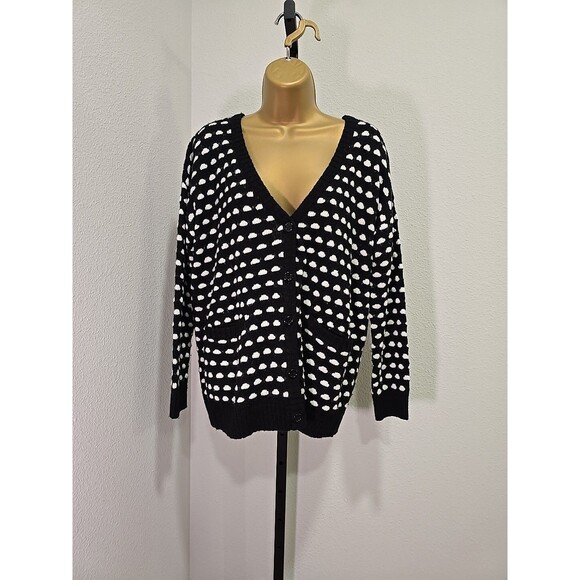 Black White Polka Dot Pockets Cardigan Sweater Unisex M Academia Preppy Oxford - Picture 1 of 7